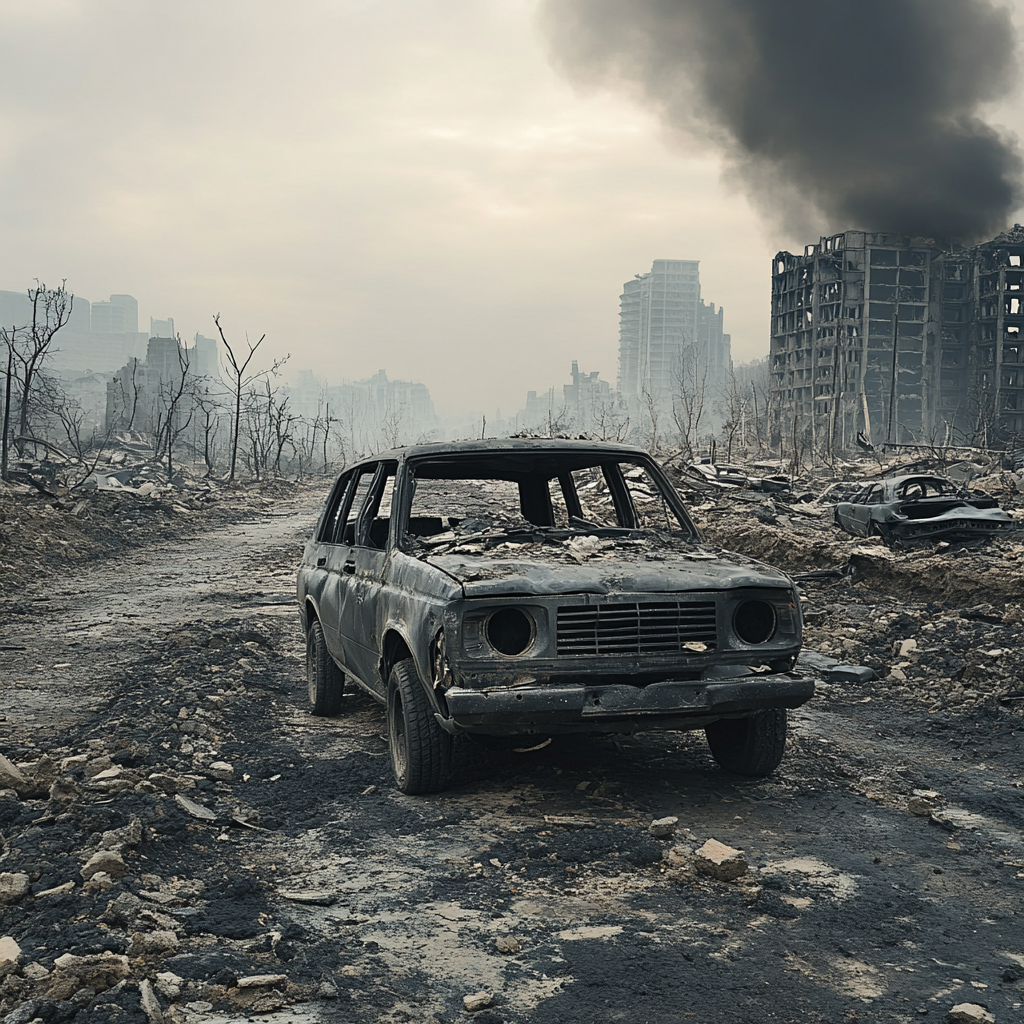 ruined car in a post-apocalyptic world.