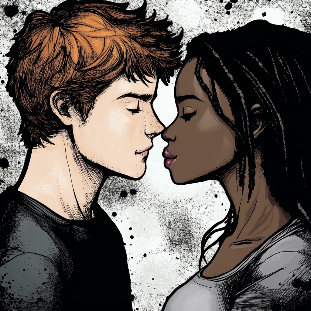 Two teens about to share a kiss.