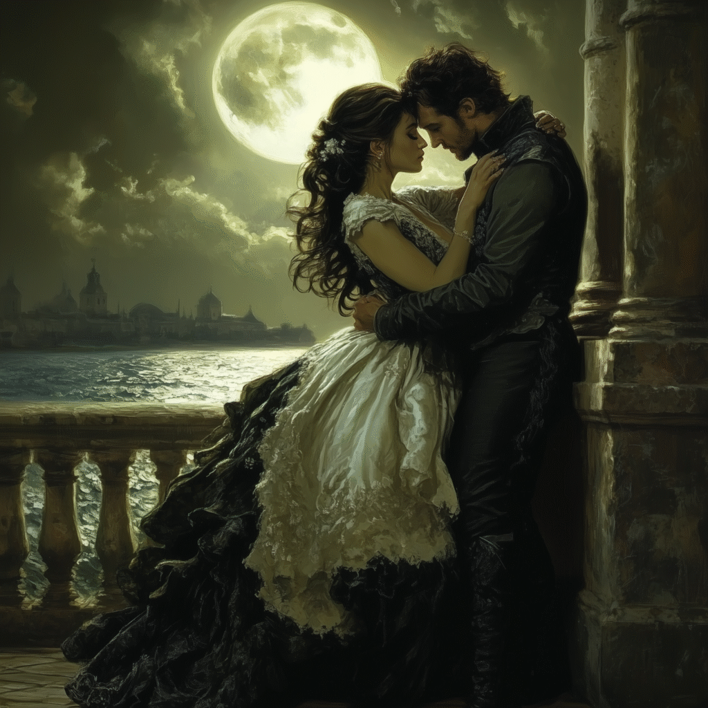 Man and woman embracing under the moonlit sky in a fantasy romance novel.