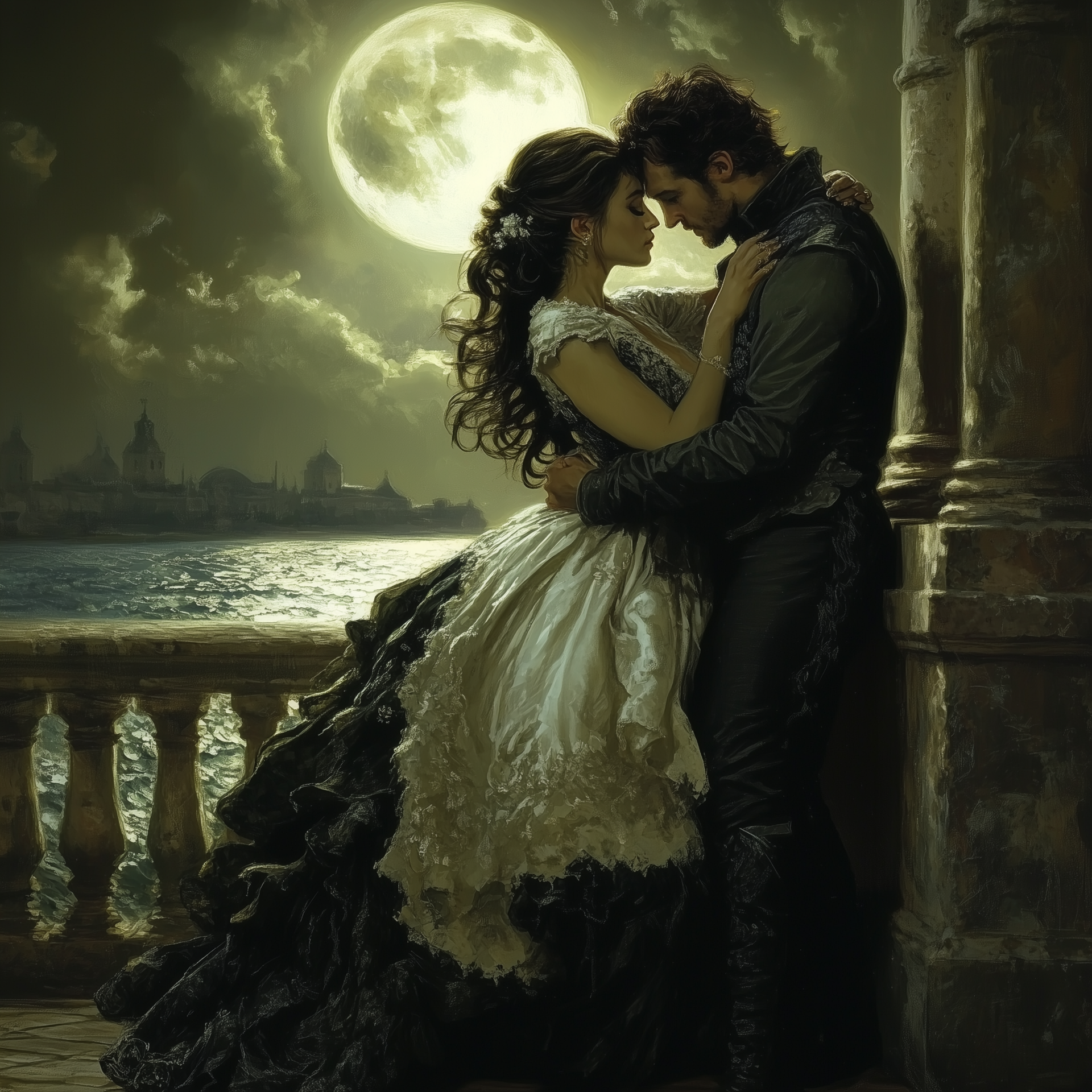 Man and woman embracing under the moonlit sky in a fantasy romance novel.