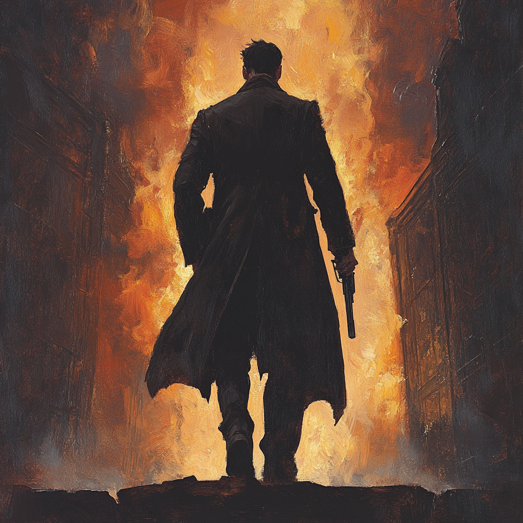 Man walking toward burning city in a high stakes thriller novel.