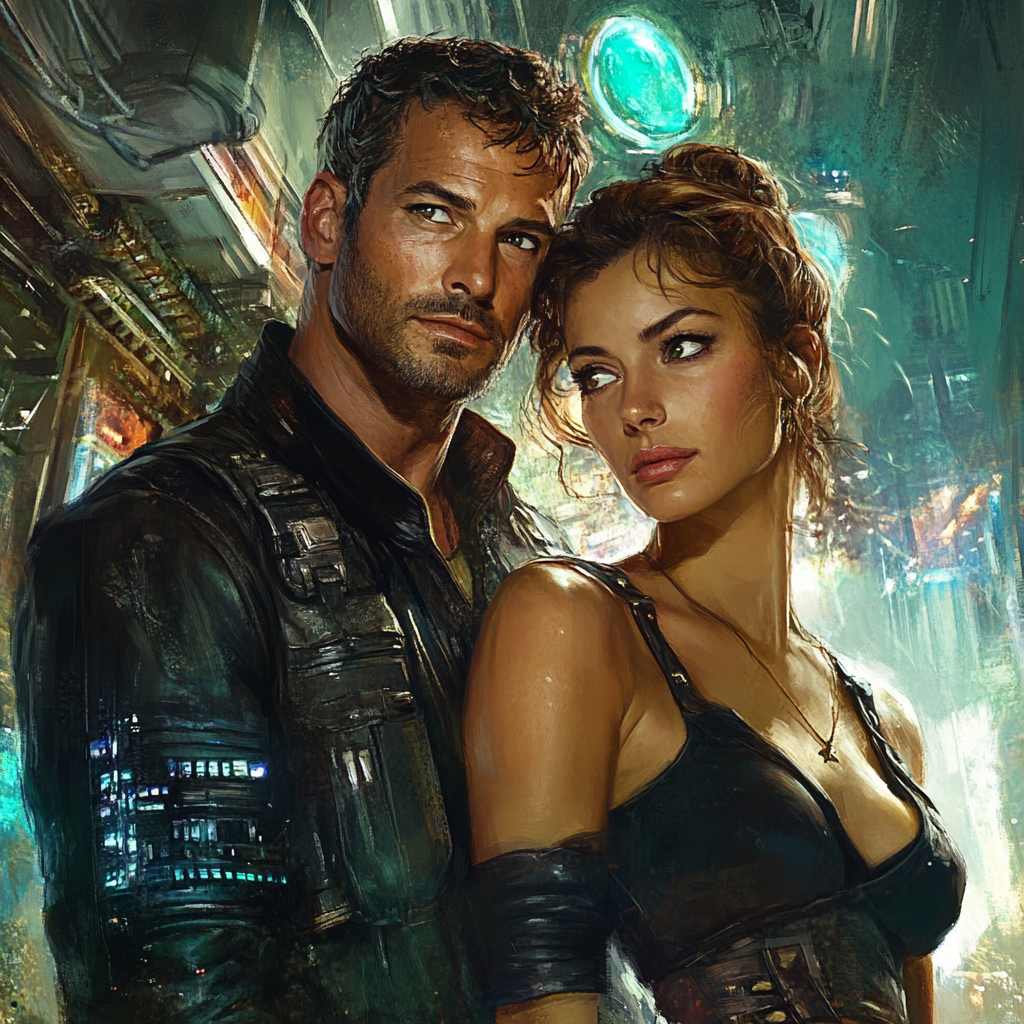 Man and woman couple side by side in science fiction romance novel.