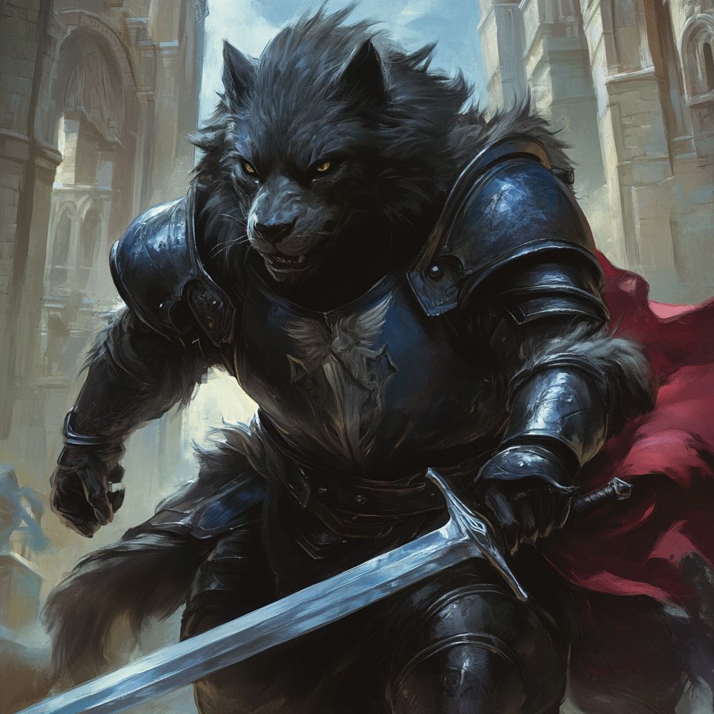 Fantasy wolf man in armour. Clutching a silver sword and running towards danger.