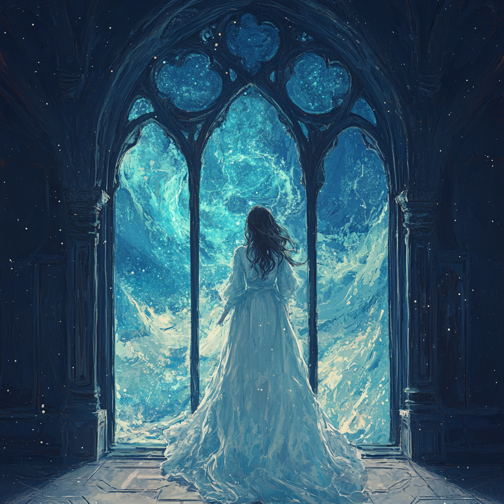 Young woman in dress flowing like waves standing in front of a window to a realm of water and magic in a YA fantasy novel.