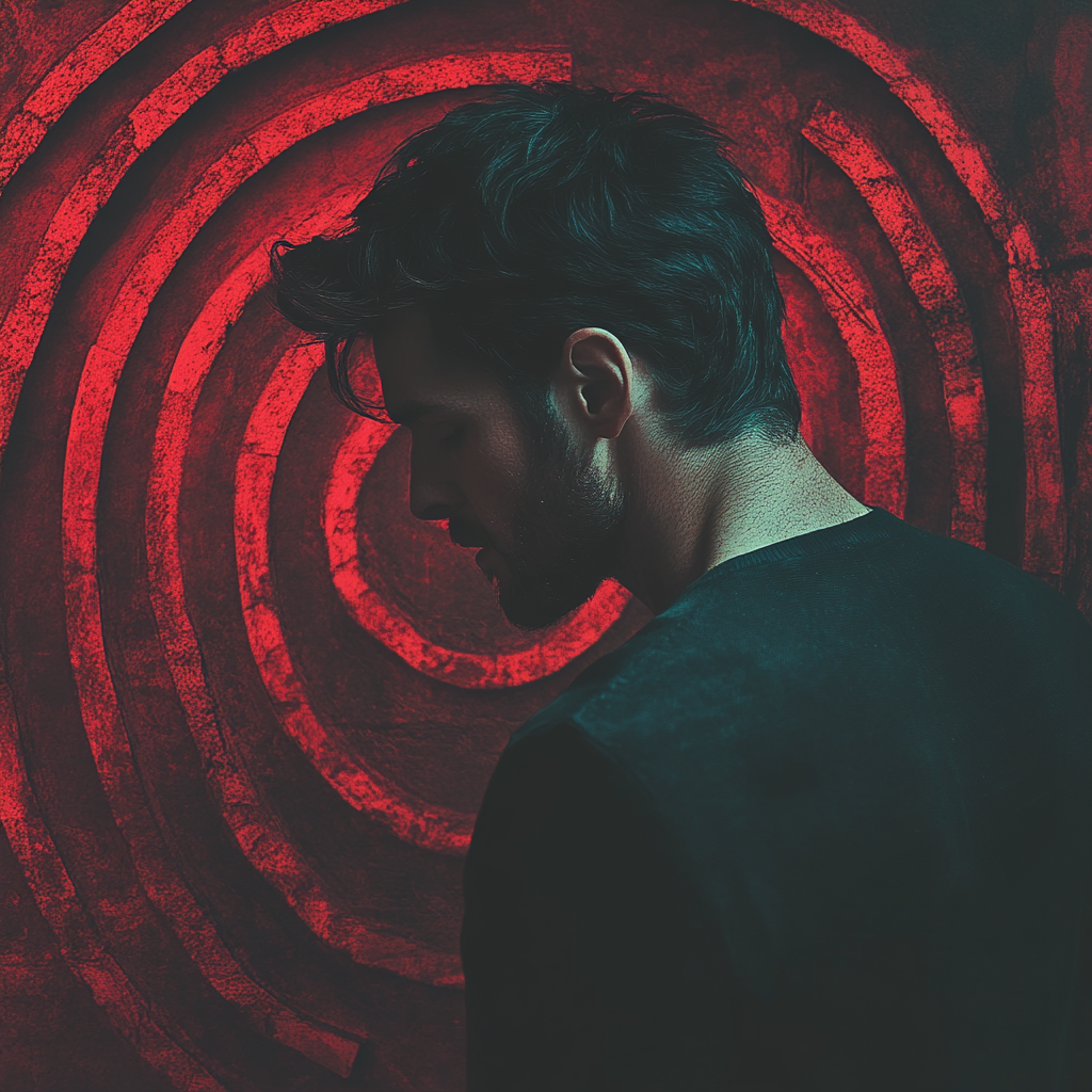How to Build Psychological Tension Through Mind Games in Thrillers. Man in front of red spiral background.