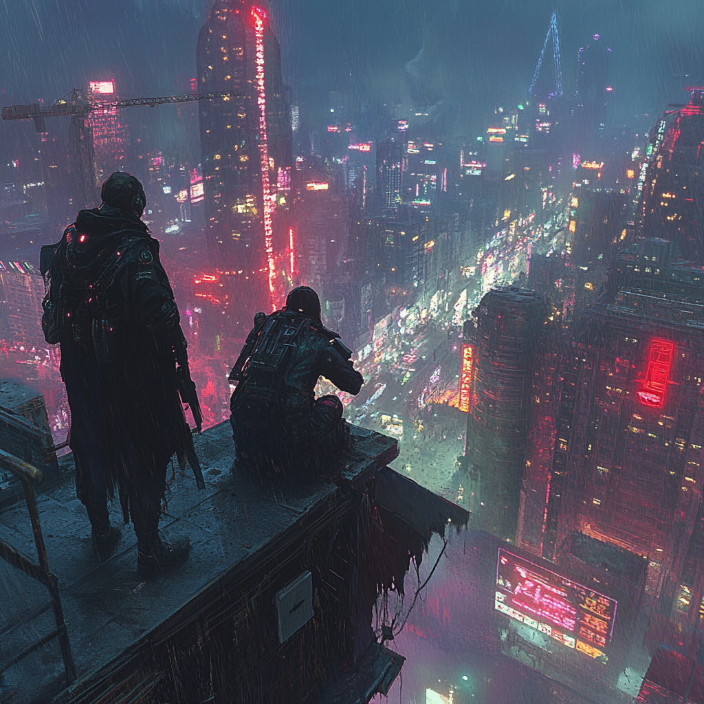 Two protagonists in a dystopian cyberpunk science fiction novel staring out towards a corrupt city while perched atop a building.