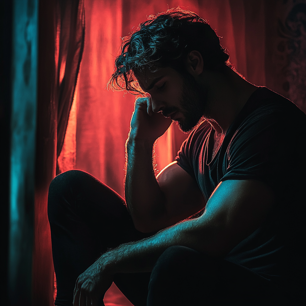 Main character in a psychological thriller novel. Sitting mostly in shadow in front of a red background. Lost in thought.