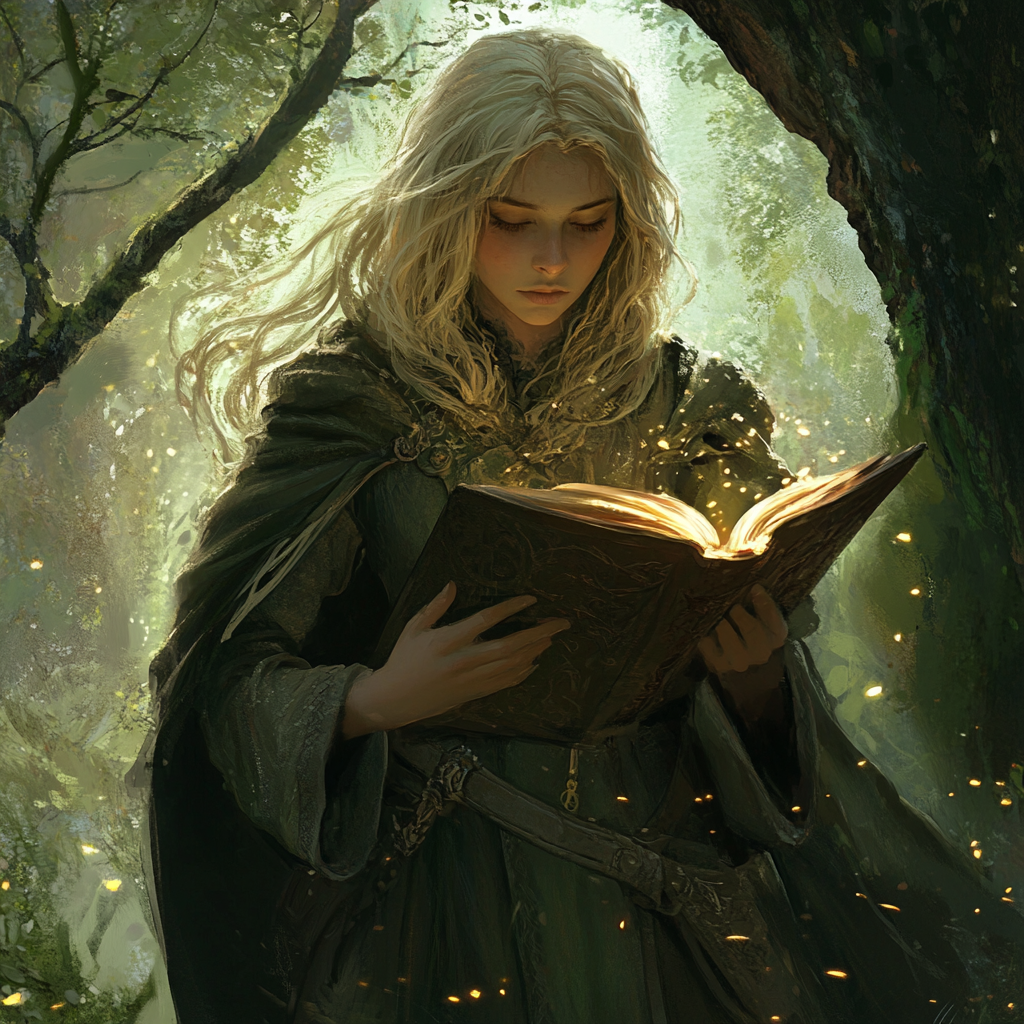 YA fantasy novel protagonist. Young woman with white hair reading a glowing book in the forest.