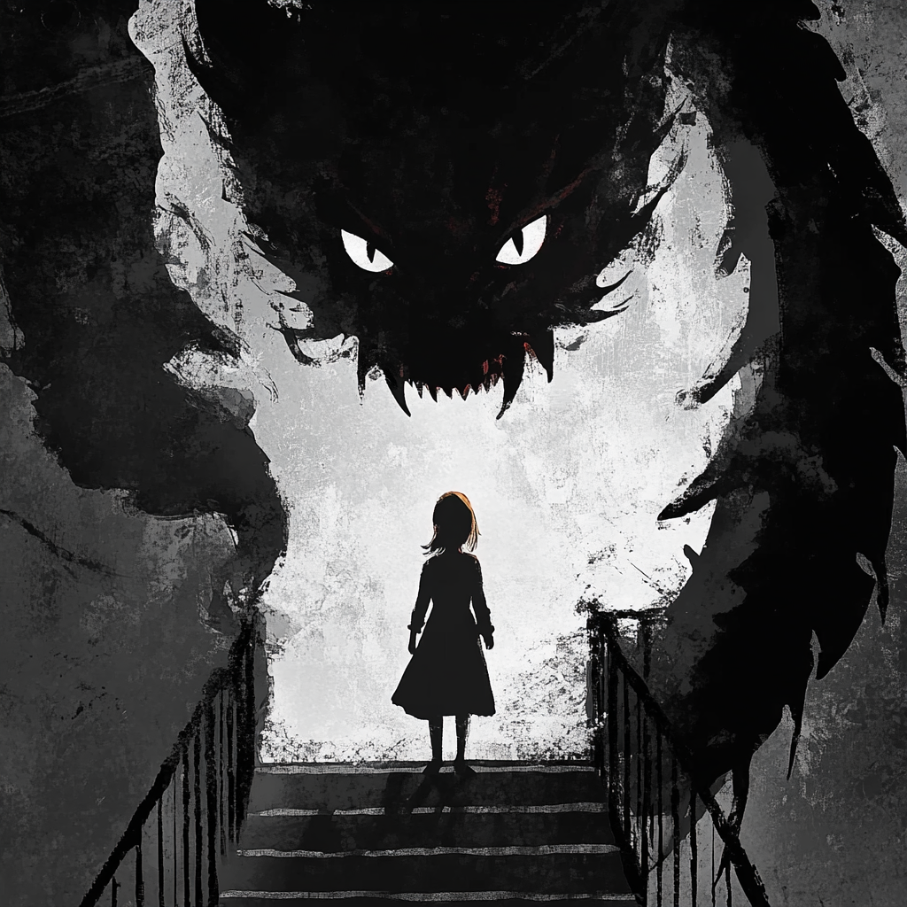 Monster appearing above a young girl in a horror novel.