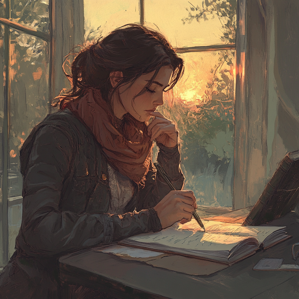 Woman writing a mystery novel.