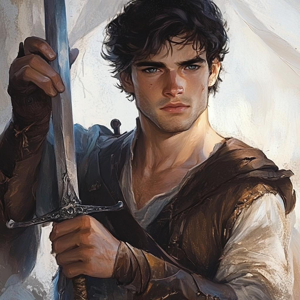 YA male, dark haired hero holding a sword.