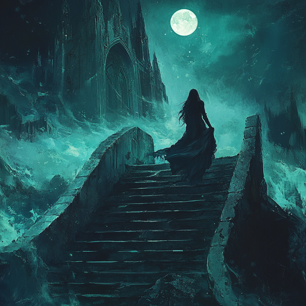 Woman in a paranormal fantasy novel climbing to the top of stairs to a magic school under the moonlight. Mist and magic swirling about in the air in wisps.