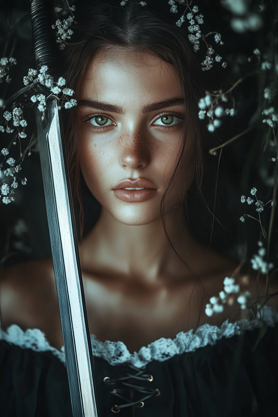 Featured image for What Makes a Great Urban Fantasy? Key Story Elements Explained Blog post. Woman with dark hair laying in white flowers, holding a sword and staring back at the camera.